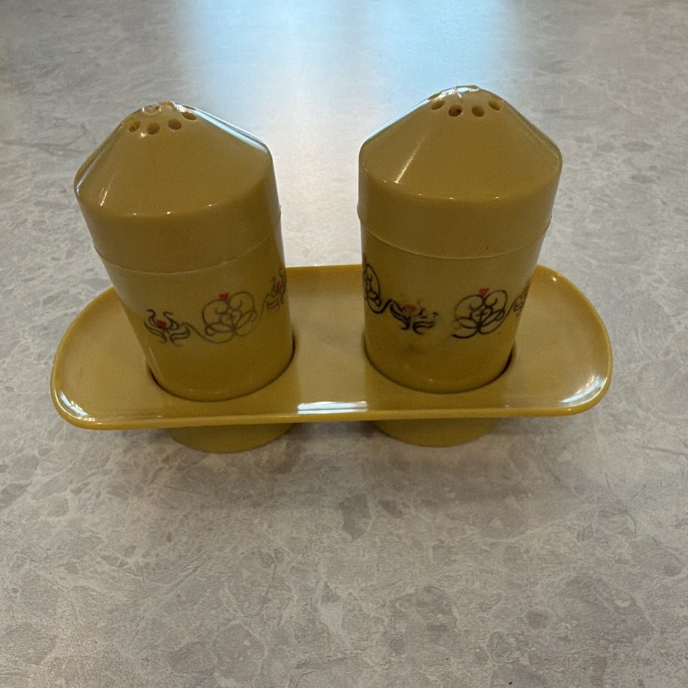 Vintage Fesco Yellow Salt and Pepper Shakers Set with Tray Holder Floral 3pc - Picture 3 of 7